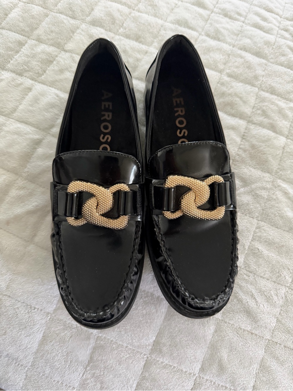 AEROSOLES Black Patent Loafers with Gold Chain Accent